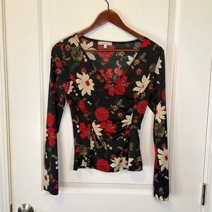 Moa Moa Black Floral Ruched Top Y2K 90s Long Sleeve Sheer Fairy Grunge Boho XS/S